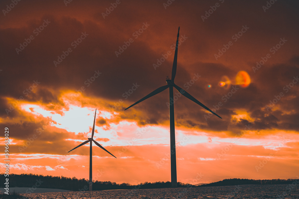 Obraz premium silhouettes of windmills in a snowy field at sunset