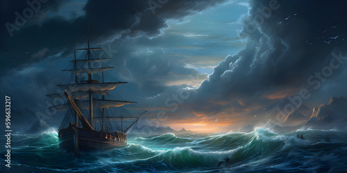 A real photographic landscape painting with incomparable reality, Super wide, Ominous sky, Sailing boat, Wooden boat, Lotus, Huge waves, Starry night, Volumetric lighting, Realistic, Generative AI