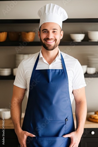 Smiling man chef cook in blue apron and white hat standing at the bakery or kitchen. Generative AI