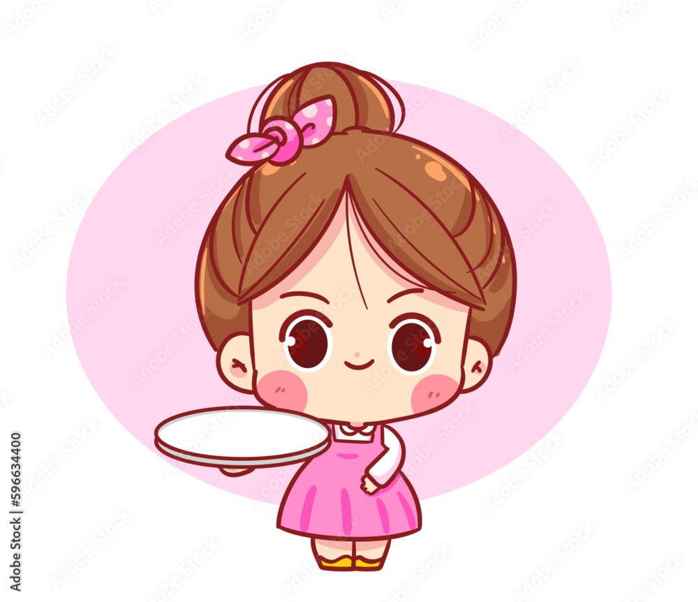 Cute girl standing holding empty plate for food and beverage mascot character cartoon logo vector art illustration Cute girl standing holding empty plate for food and beverage mascot character cartoon logo vector art illustration