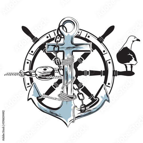 Illustration maritim mit Steuerrad, Anker, Tampen und Möwe