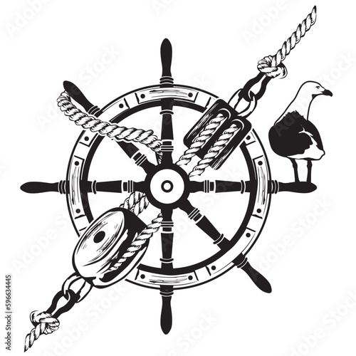 Illustration maritim mit Steuerrad, Tampen, Möwe und Anker