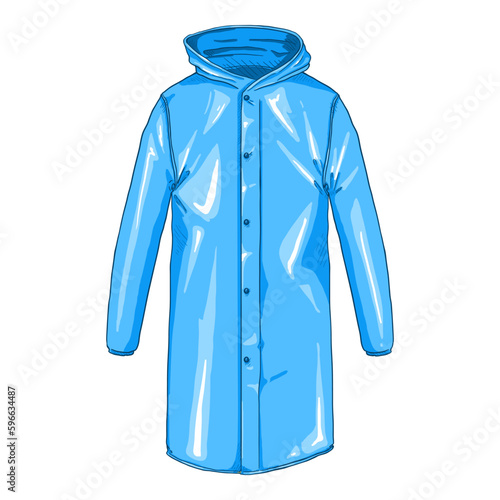 Turquoise Raincoat with Butttons and Hood. Vector Cartoon Illustration.