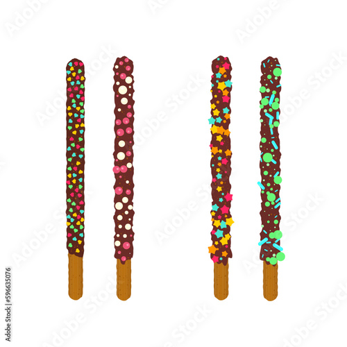 Assorted chocolate chip cookie sticks dipped in sprinkles. Decorated popping candy for Pepero day in Korea. Frosted biscuits with different flavours. Vector illustration