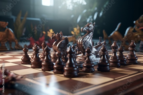 Fototapet 3D AI-generated depiction of chess kings battling in themes of leadership, strategy, teamwork, victory and defeat