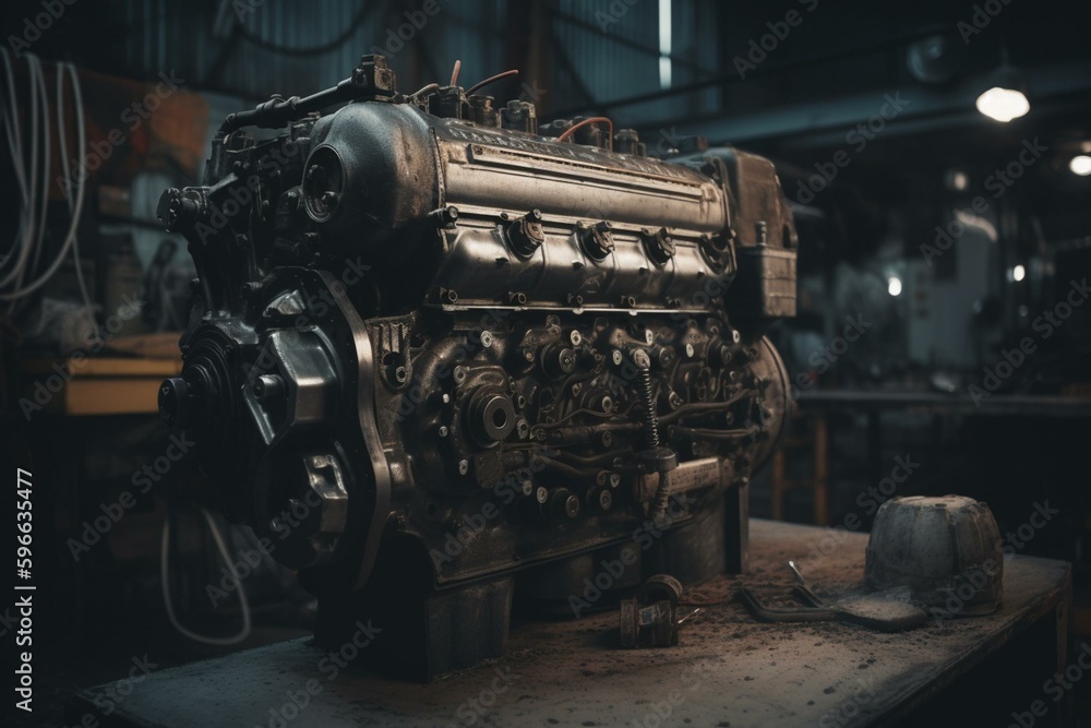 Diesel engine overhaul done by skilled auto mechanic. Generative AI