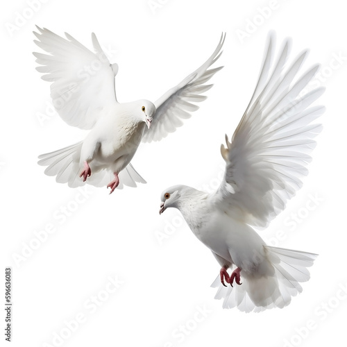 White pigeons in flight on a white background. Ai generative. Illustration.