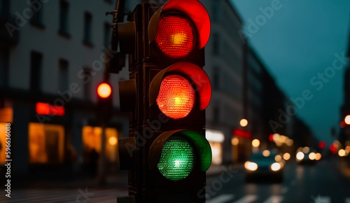 Traffic light sign in the city by night. Green,red,orange traffic light with blurred city on the background in the evening. close up,transport concept