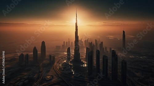 Dubai's Skyline: A Generative AI-Generated Panoramic View of Burj Khalifa © jambulart