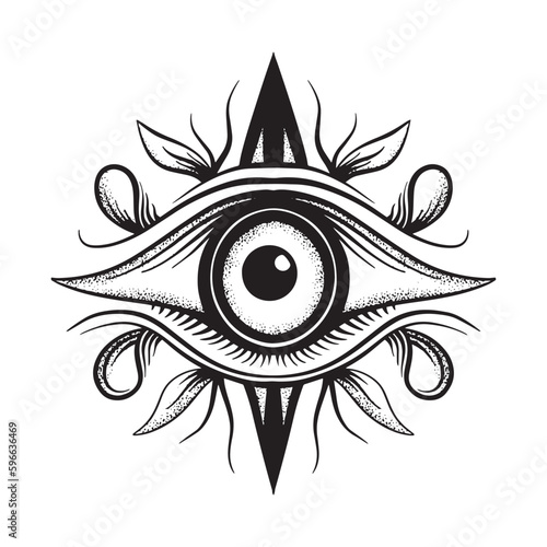 A drawing of an eye with an all seeing eye and a circle with arrows around it.