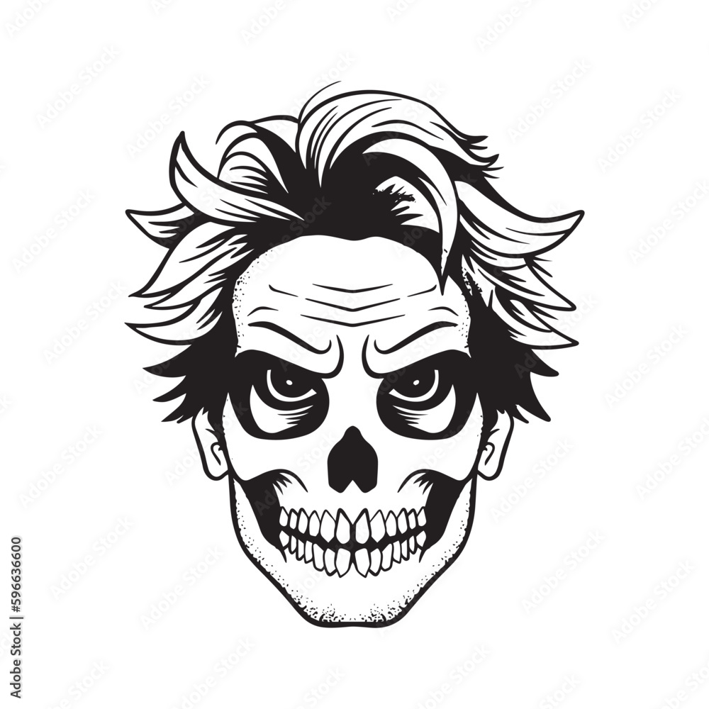 A cartoon man with a mask skull on it. A cartoon man with a mask skull on it.