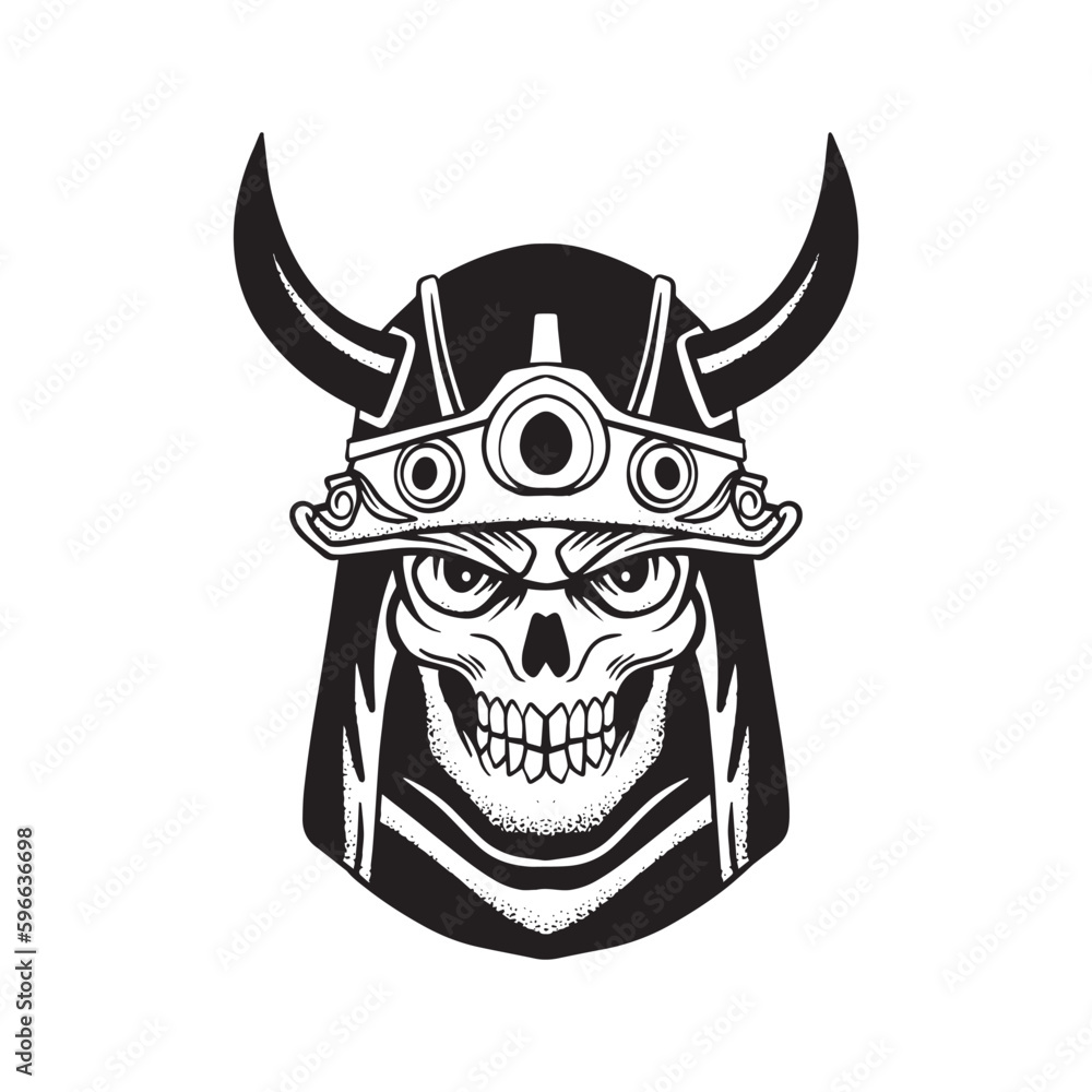 A skull samurai with a viking helmet and horns. A skull samurai with a viking helmet and horns.