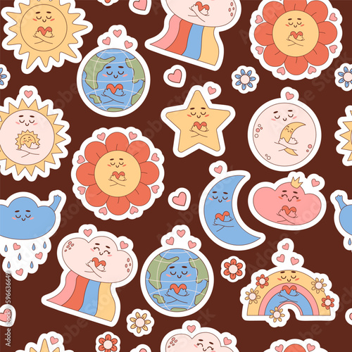 Groovy seamless pattern with cartoon weather characters. Cute sun, moon, cloud, rainbow, Earth, star on dark background. Vector Illustration for wallpaper, design, textile, packaging, decor.