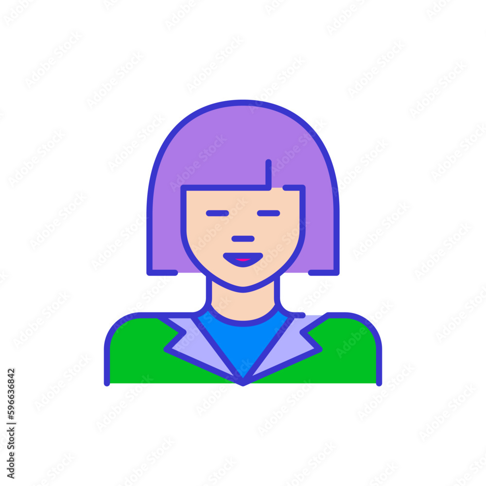 Pale skinned Asian woman. Bold color cartoon style simplistic minimalistic icon for marketing and branding Pale skinned Asian woman. Bold color cartoon style simplistic minimalistic icon for marketing and branding