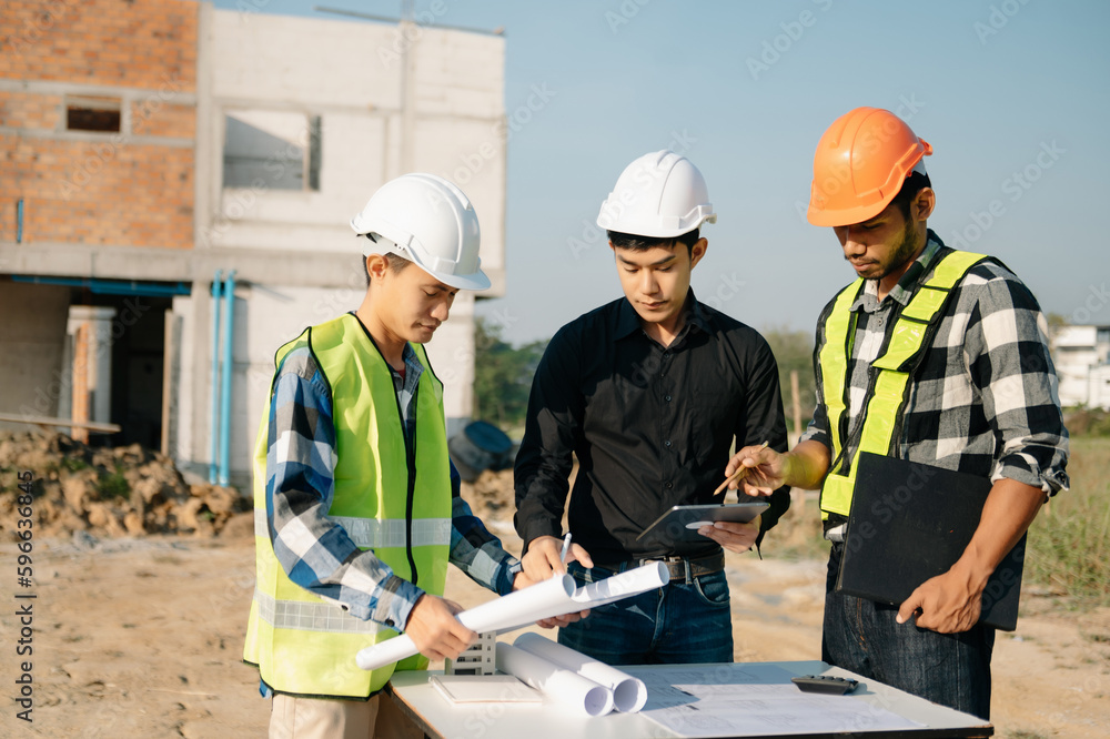 Handsome young man team architect on a building industry construction site Handsome young man team architect on a building industry construction site