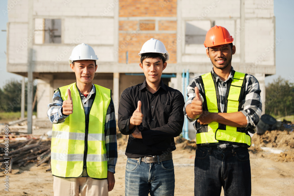 Architect caucasian man working with colleagues mixed race in the construction site. Architecture engineering on big project. Building in construction interior. Architect caucasian man working with colleagues mixed race in the construction site. Architecture engineering on big project. Building in construction interior.