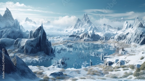 During Ice Age in 10,000 bc with frozen tundra with fjords and lakes scattered throughout. Volcanic activity also shaped terrain, leaving behind fields of lava and geothermal hot springs. AI-generated photo