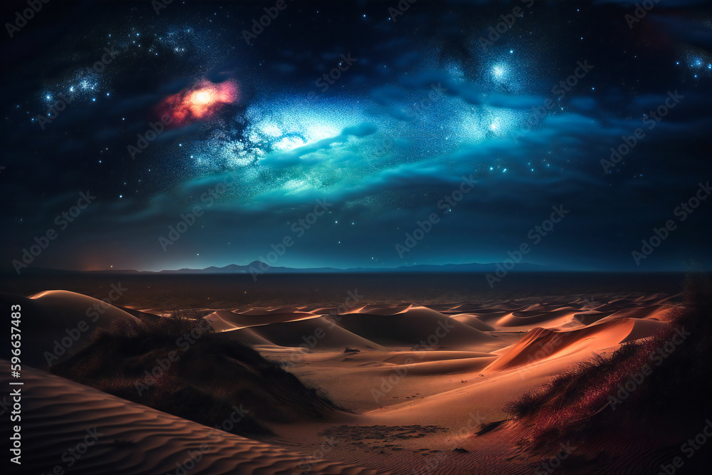 Galaxy starlight over desert dunes in the night. Dreamy landscape. Created with Generative AI technology. Galaxy starlight over desert dunes in the night. Dreamy landscape. Created with Generative AI technology.