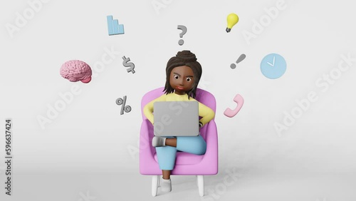 Multitasking concept African American woman employee 3d animation working typing laptop online conference Effective time management Productivity Skillful diverse freelancer Study Research Data analyze