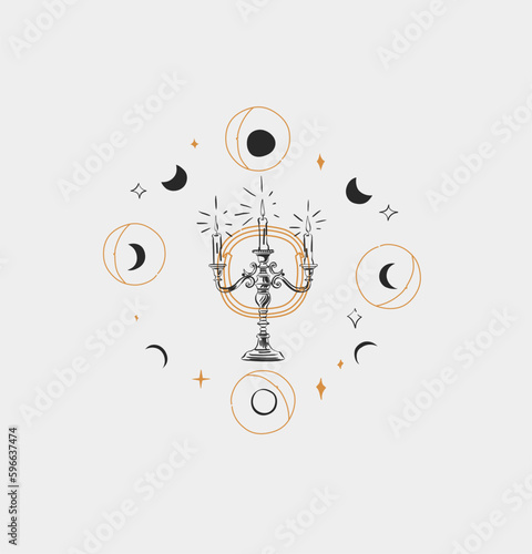 Hand drawn vector abstract outline,graphic,line art magic candelabra with moon phases and stars in minimalistic modern line art style.Moon and star sign outline design concept.Outline moon silhouette.
