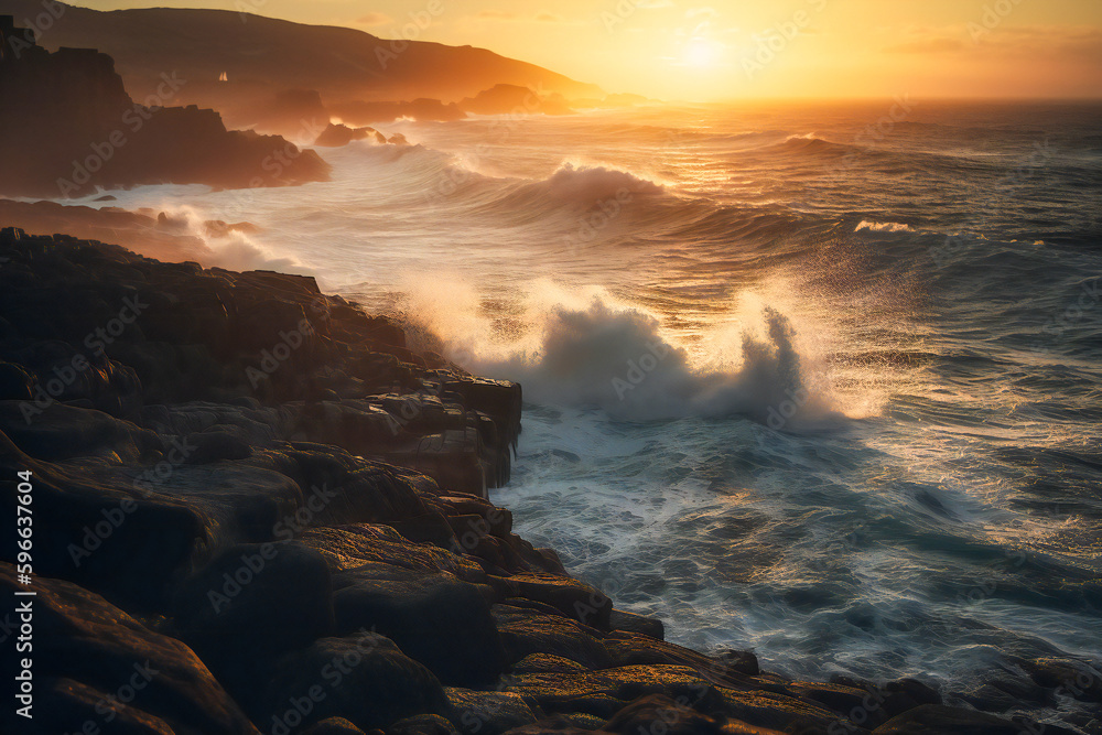 Illustration of a dramatic seascape under sunset lighting. Created with Generative AI technology.