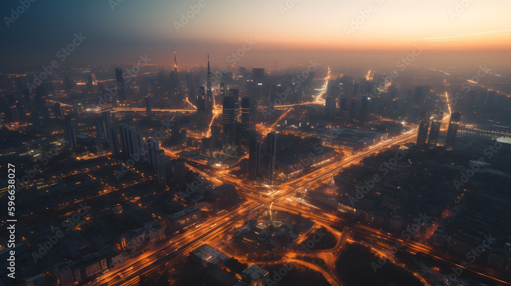 Fototapeta premium An aerial shot of a modern metropolis at sunset, showcasing a stunning skyline and glowing lights below.