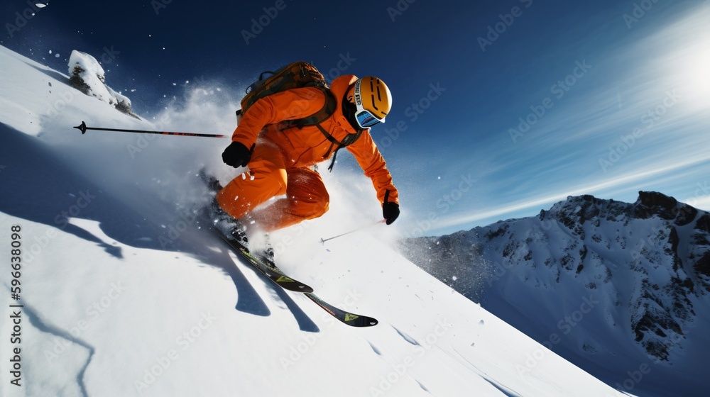 extreme skiing, pro skier cliff jump, winter mountain panorama with blue sky, generative ai