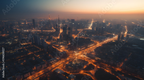An aerial shot of a modern metropolis at sunset, showcasing a stunning skyline and glowing lights below.
