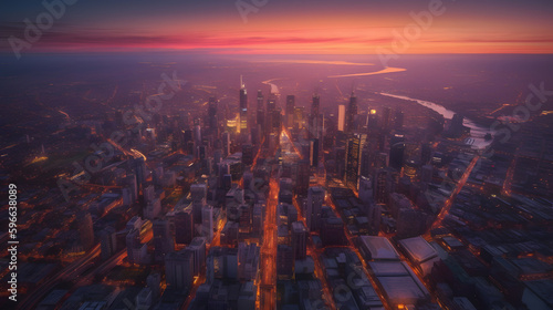 An aerial shot of a modern metropolis at sunset, showcasing a stunning skyline and glowing lights below