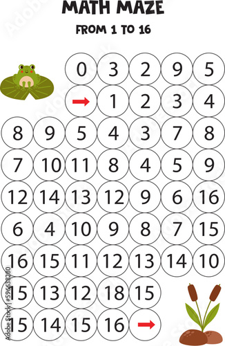 Get cute cartoon frog to the water lily by counting to 16.