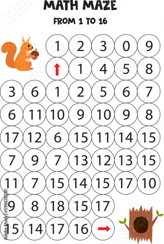 Get cute cartoon squirrel to tree hollow by counting to 16.