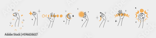 Hand drawn vector abstract outline,graphic,line set magic human hand with moon and star logo in minimalistic modern style.Moon and star sign outline design concept.Outline astrology line art isolated.