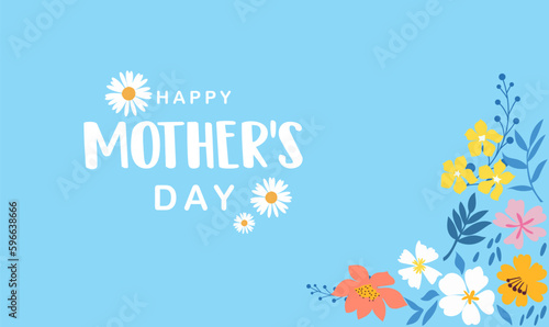Mother's Day Background with colorful elements and flowers, lettering. Vector symbols of love in the shape of hearts for greeting card design, floral, pastel color.
