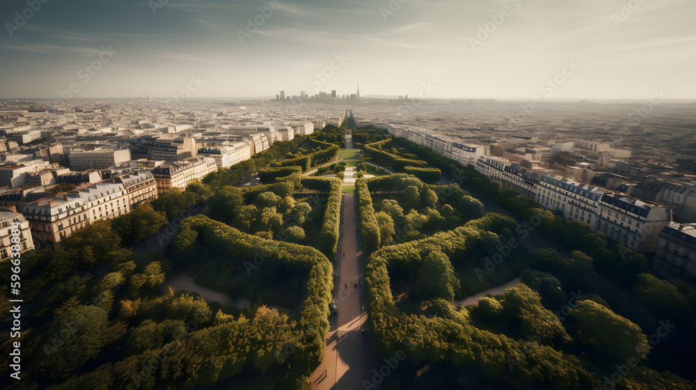 Obraz premium A cityscape view from above, featuring a maze of intricate streets, green parks, and iconic landmarks that make up the heart of the city.