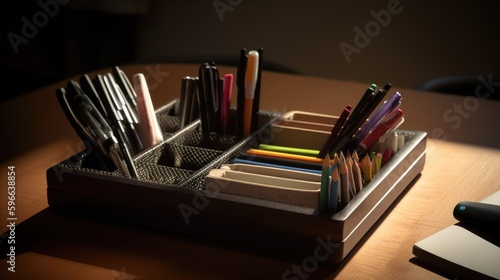 A close-up of a desk organizer with pens and other office supplies 