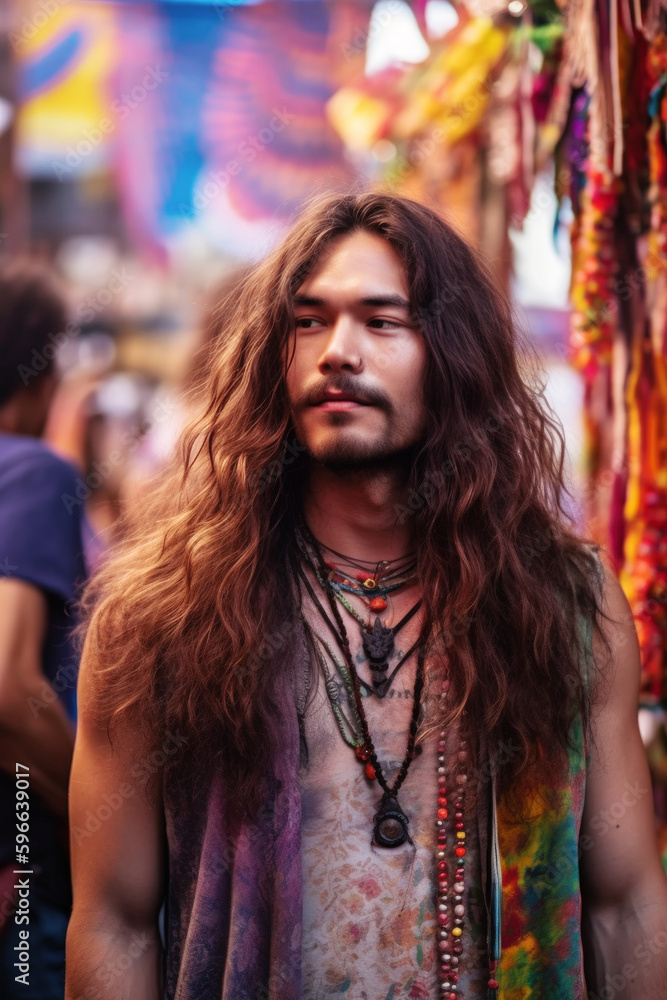 Swaying to the rhythm, a 28-year-old long-haired hippie adorned in vibrant attire and tribal jewelry loses himself in the melody at a lively music festival. Generative AI Swaying to the rhythm, a 28-year-old long-haired hippie adorned in vibrant attire and tribal jewelry loses himself in the melody at a lively music festival. Generative AI