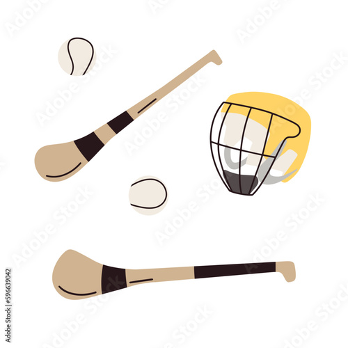 Hurling game stick, ball and helmet icons. Gaelic football sport equipment. Vector illustration isolated on white background.