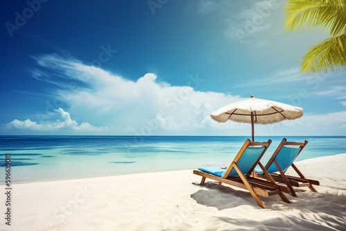 Two beach chairs with an umbrella in summer vacation and a blue sky for ultimate relaxation. © Arma Design
