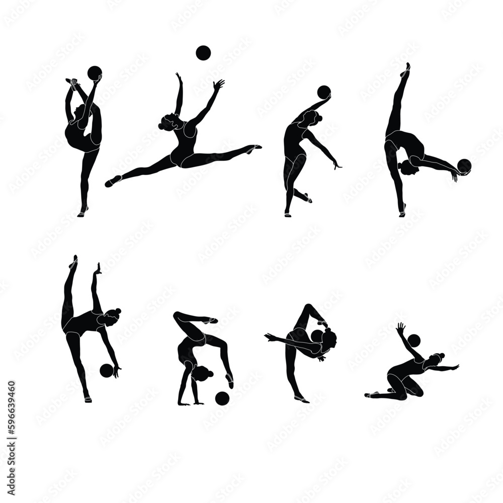 Ball Rhythmic Gymnastics set flat sihouette vector. Rhythmic Gymnastics female athlete black icon on white background.