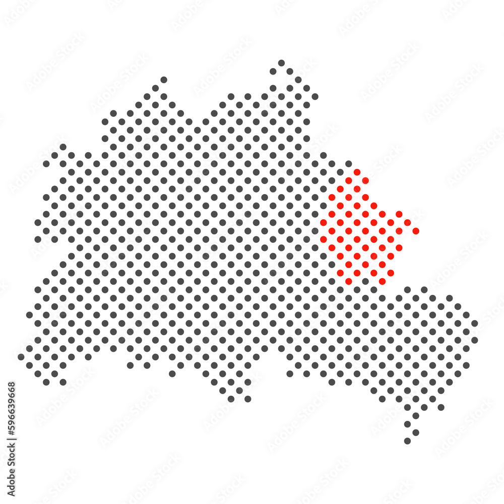 Bezirk Marzahn-Hellersdorf in Berlin rot markiert auf Karte aus dunklen Punkten