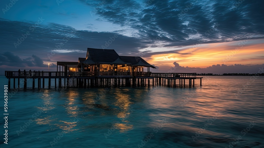 Fototapeta premium A Maldives Paradise: Generative AI-Generated Sunset View of Water Villas on a Resort Island
