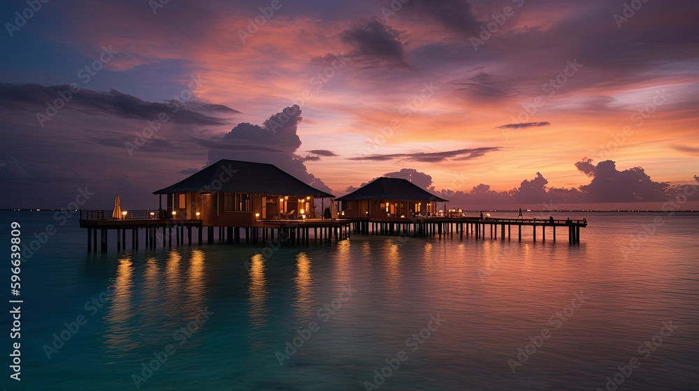 A Maldives Paradise: Generative AI-Generated Sunset View of Water Villas on a Resort Island