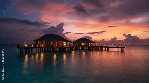 A Maldives Paradise: Generative AI-Generated Sunset View of Water Villas on a Resort Island © jambulart