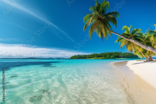 Tropical beach paradise with a coconut palm tree ina white sand with blue sky. Generative AI © JoseLuis