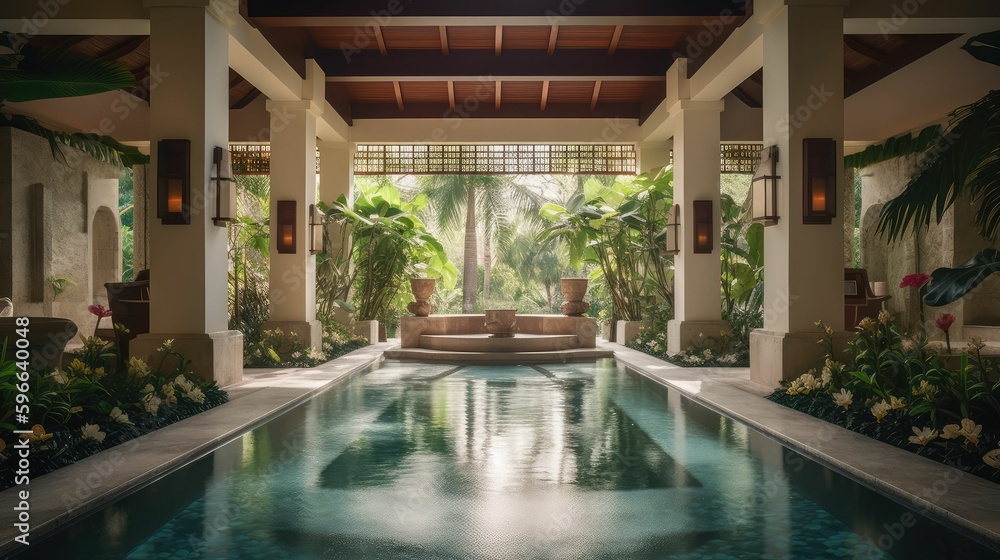 Generative AI-Powered Scenery of a Pool Villa Spa Resort's Exquisite Exterior and Interior Design: The Epitome of Luxury