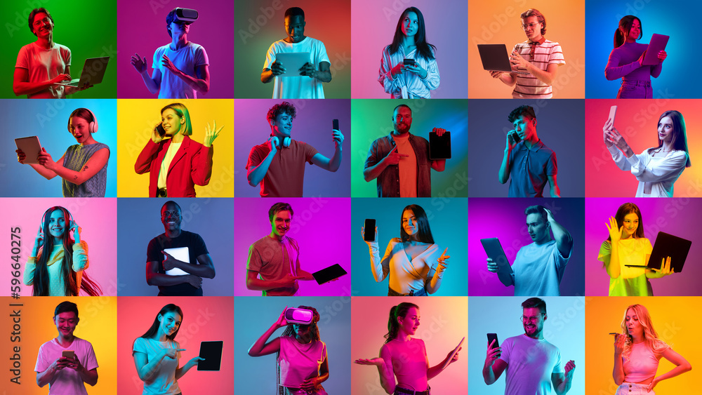 Collage of large group of ethnically diverse people, men and women using different gadgets on multicolored background in neon light. Modern technologies - obrazy, fototapety, plakaty 