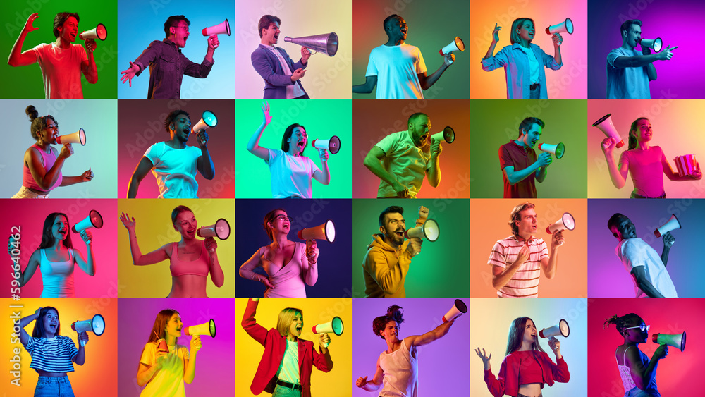 Fototapeta premium Collage of large group of ethnically diverse men and women shouting through megaphone over multicolored background in neon light. Screaming people