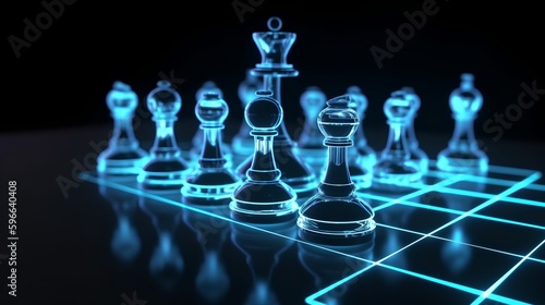 A futuristic AI-driven concept, with holographic chess pieces in a dark scene, representing optimal strategy, artificial intelligence, and the blending of human and machine. Generative AI