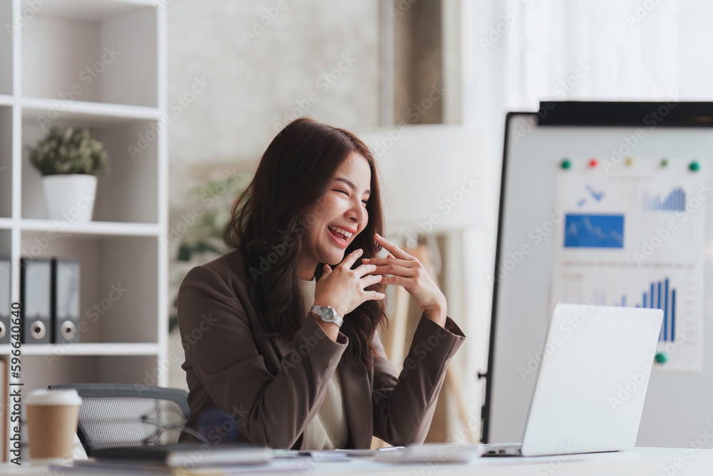 Confident business person executive using laptop computer, having video conference call virtual meeting, advisor finance, research, fund Confident business person executive using laptop computer, having video conference call virtual meeting, advisor finance, research, fund