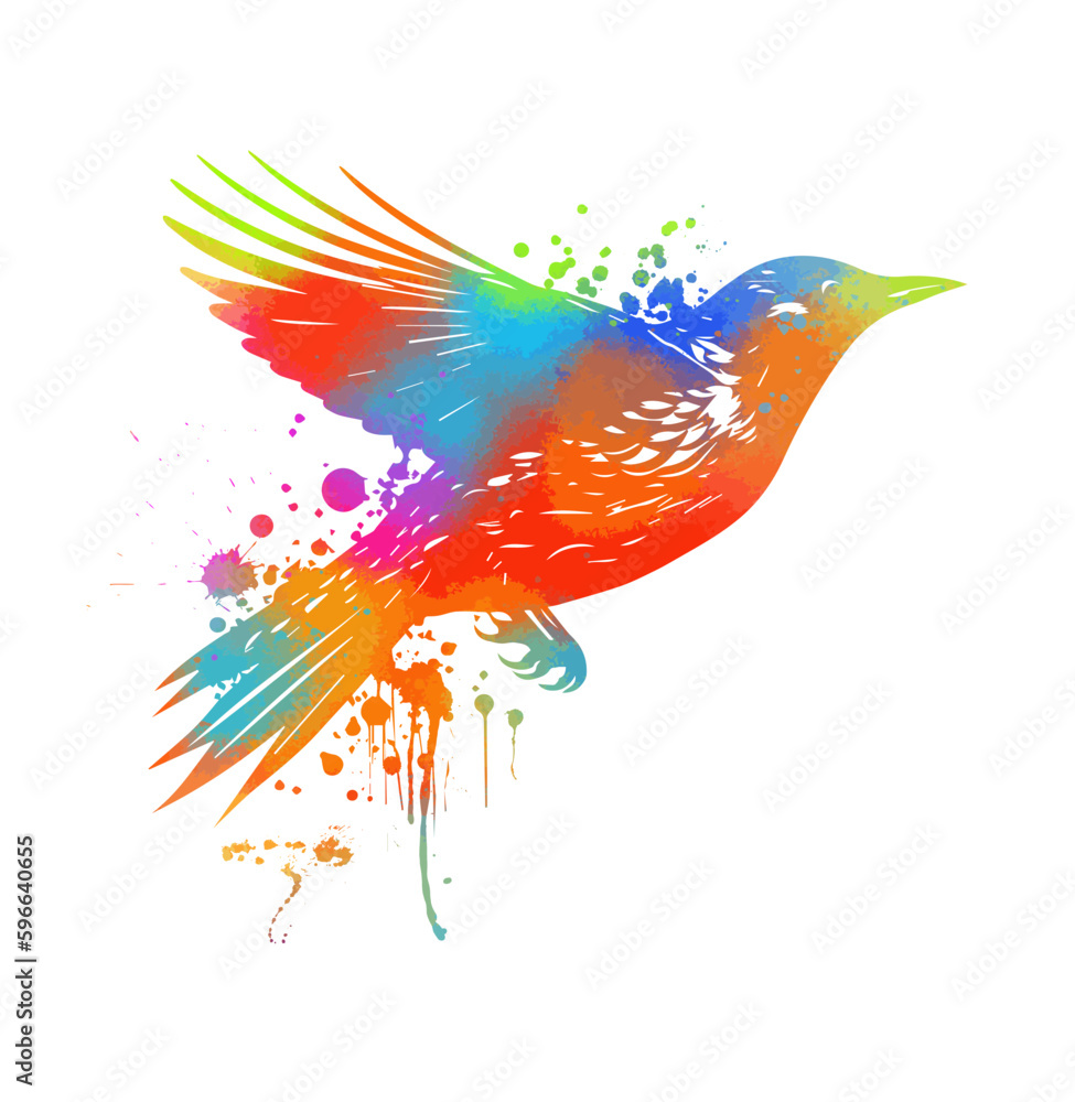 Obraz premium Abstract colorful flying starling from blots. Tattoo. Graffiti style. Vector illustration. Freedom